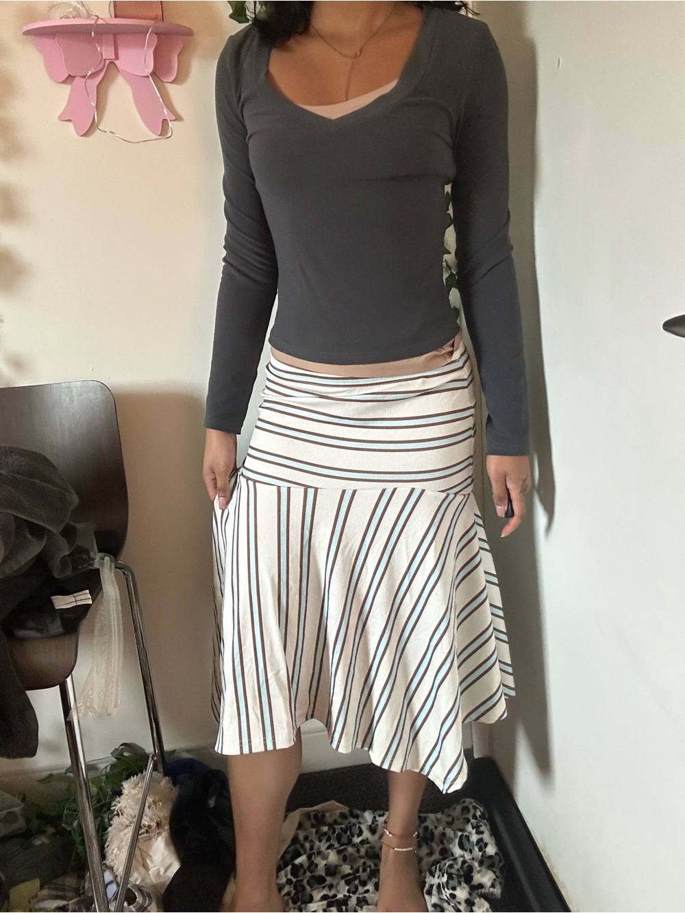 Missguided Cream Midi Skirt with Stripes